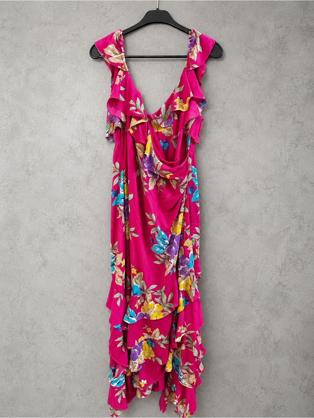 Lauren Ralph Lauren Floral High Low Maxi Dress Pink Ruffle Tropical Size 18